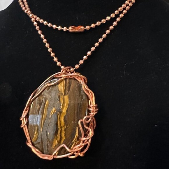 Tigers Eye Pendant Necklace Solid Pure Copper Chain Unisex Handmade Gift Tiger's - Picture 1 of 6